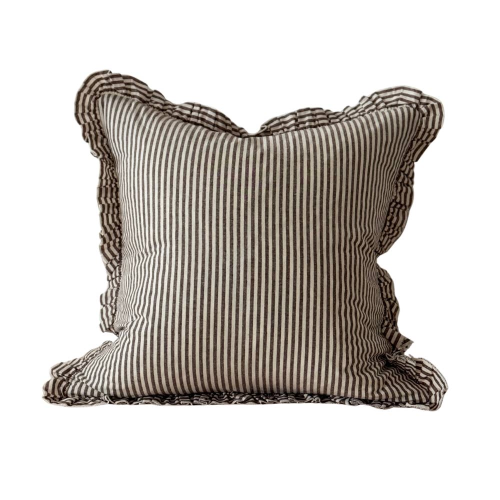 Darcy Ruffle Cotton Cushion Cover |Dark Brown Stripe