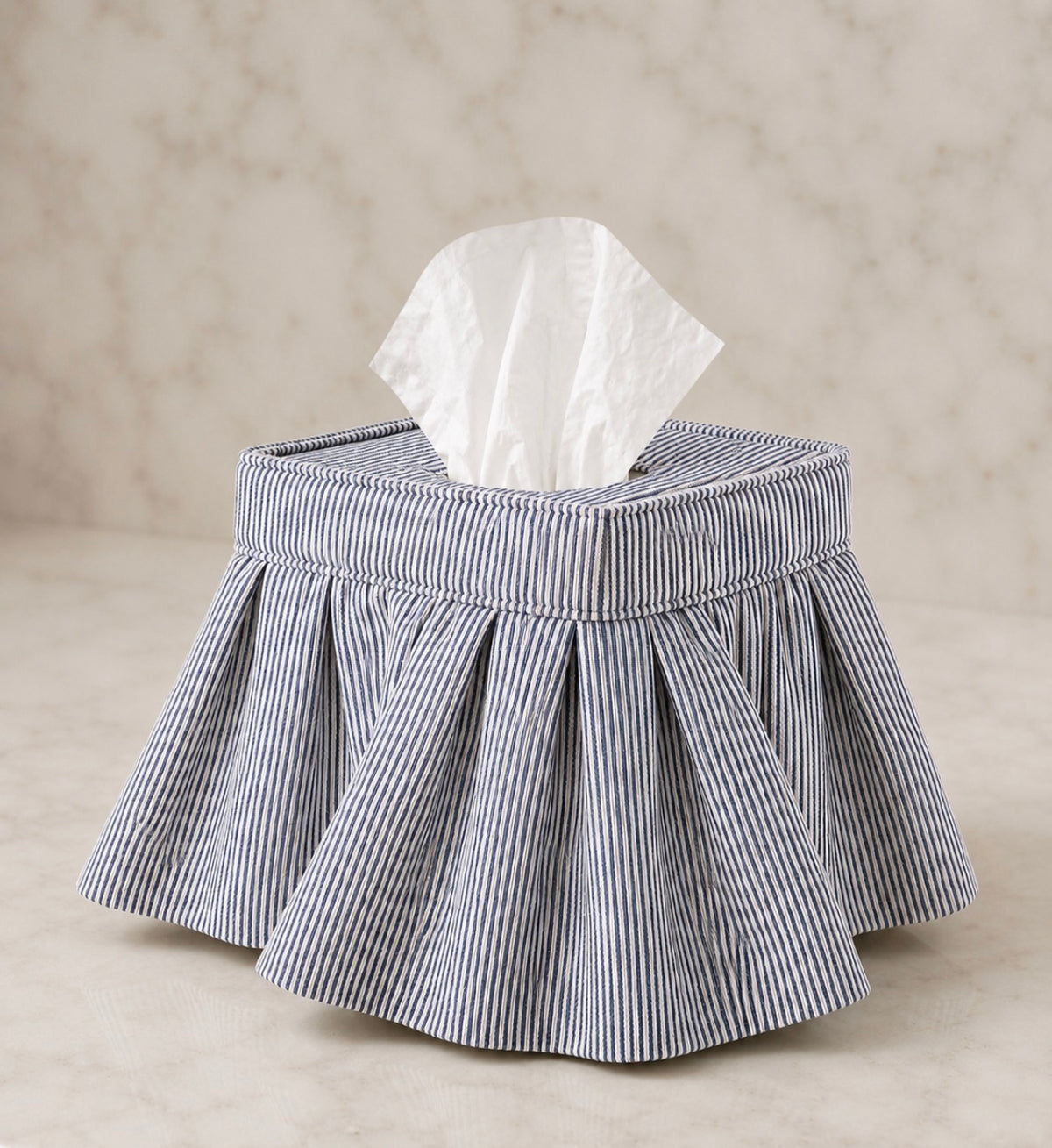 Blue Railroad Stripe Skirted Tissue Box Cover