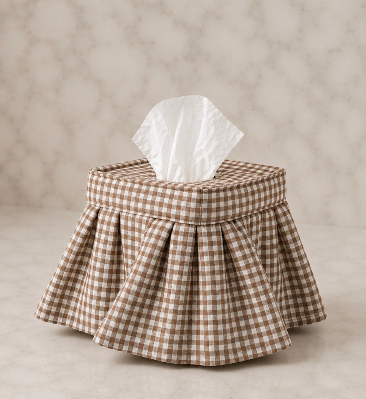 Brown Mini Gingham Skirted Linen Tissue Box Cover