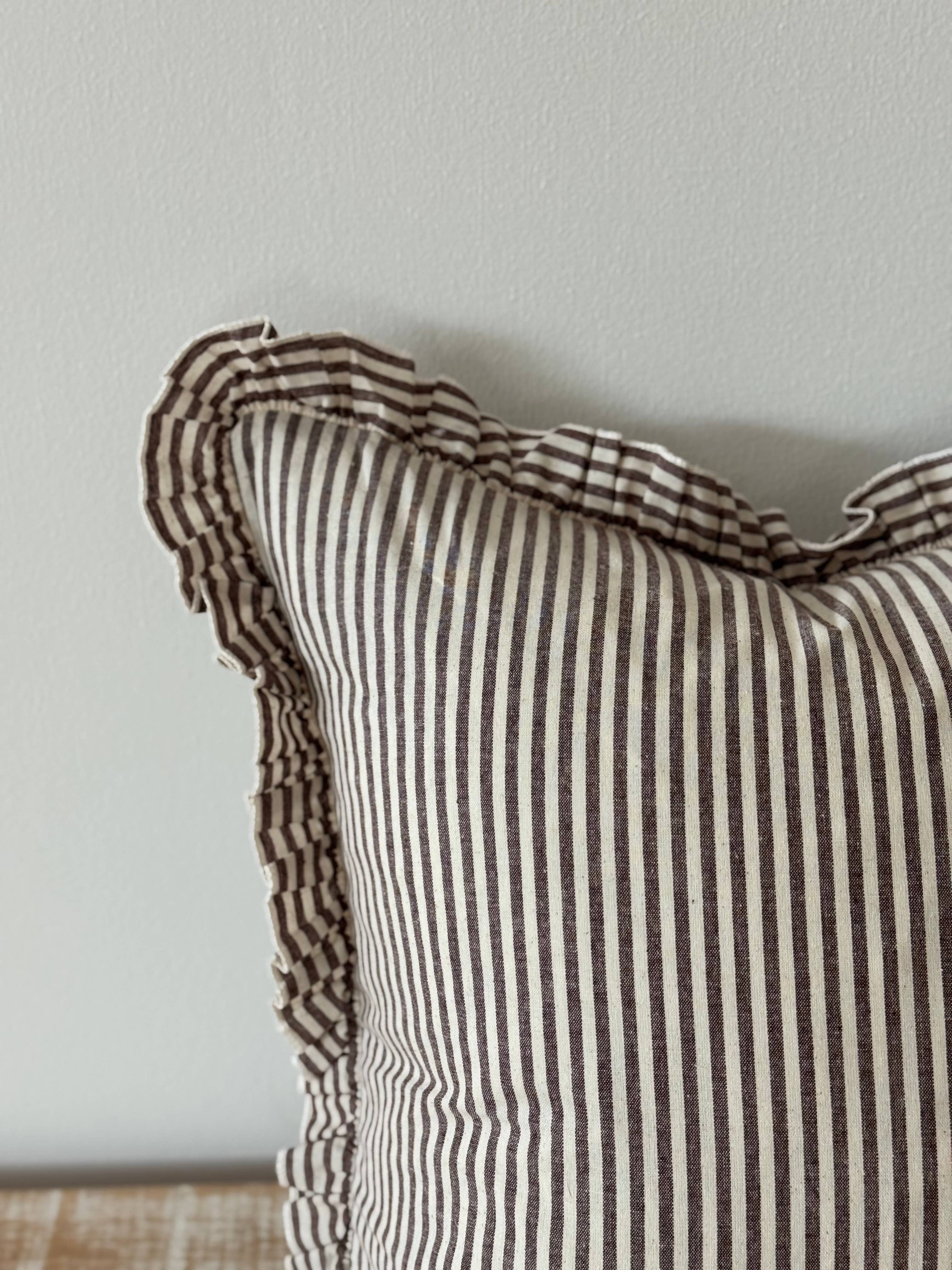 Darcy Ruffle Cotton Cushion Cover |Dark Brown Stripe