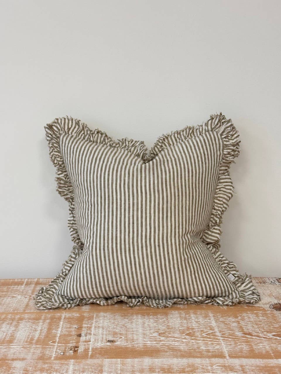 Hallie Square Ruffled Linen Cushion Cover | Olive Stripe