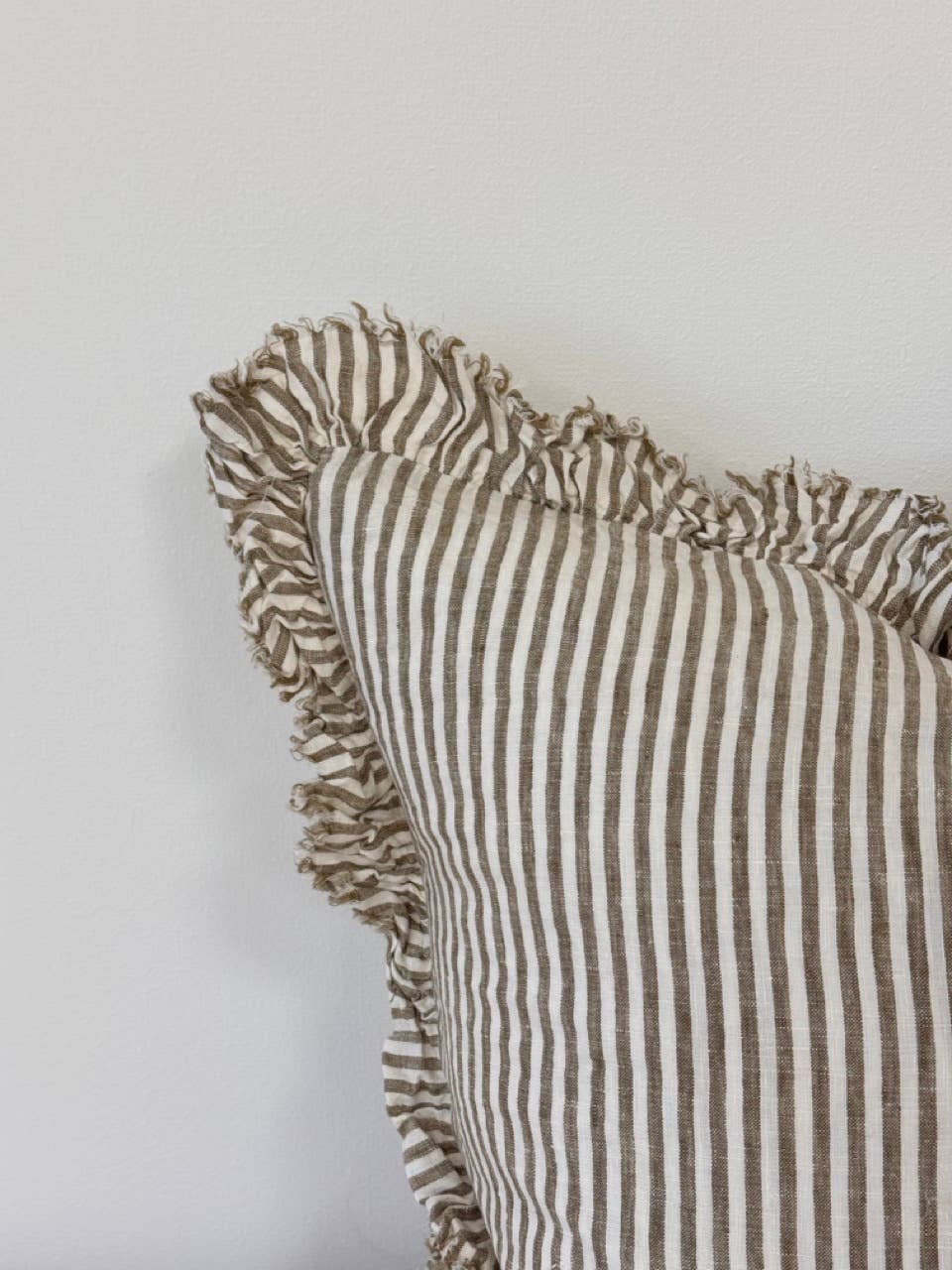 Hallie Square Ruffled Linen Cushion Cover | Olive Stripe