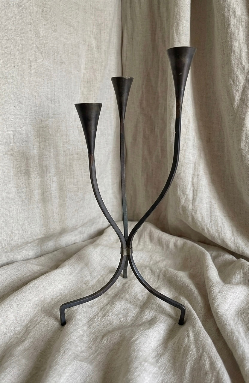 Large Antique Forged Iron Candle Holder