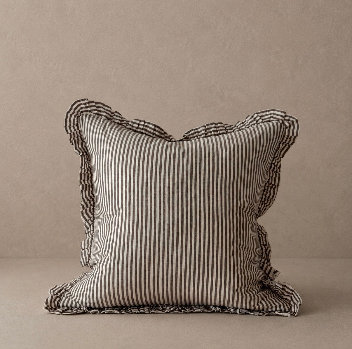 Darcy Ruffle Cotton Cushion Cover |Dark Brown Stripe