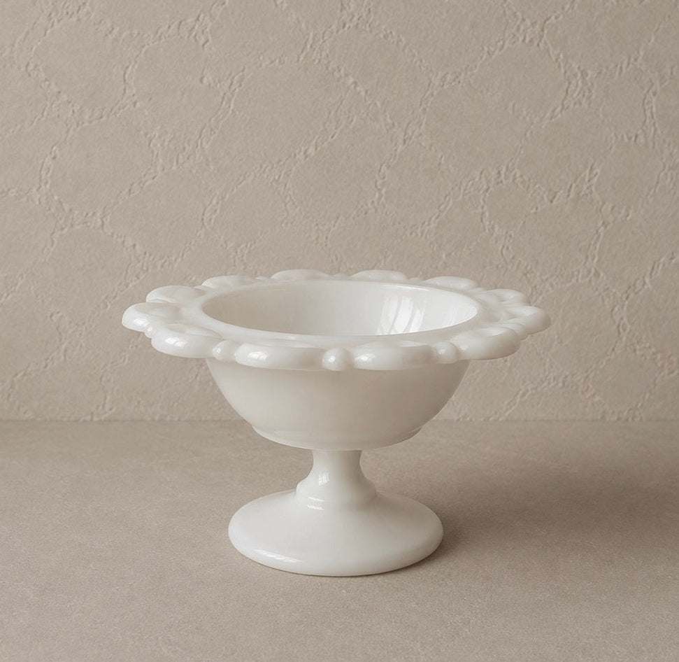 Vintage Milk Glass Compote | Lace Edge Pedestal Dish, Mid Century Bowl