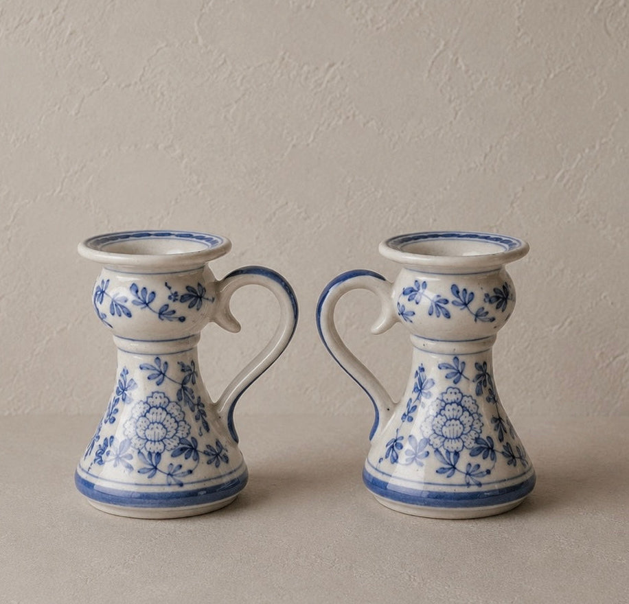 Vintage Delft Style Ceramic Chamberstick Candle Holders |Blue Floral Handled Candlesticks