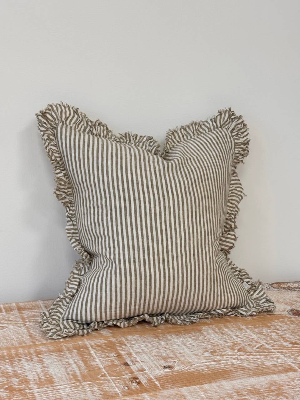 Hallie Square Ruffled Linen Cushion Cover | Olive Stripe