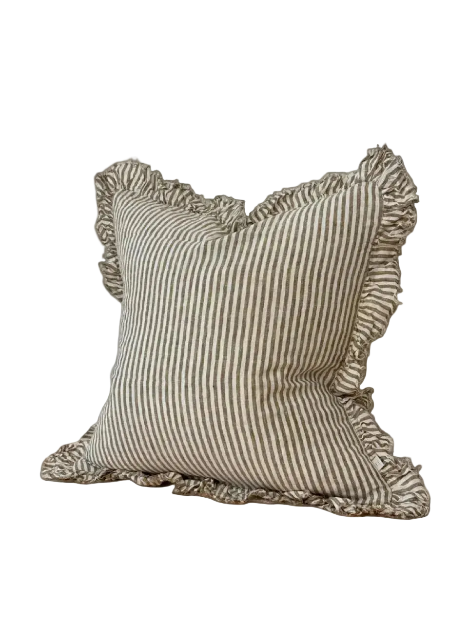 Hallie Square Ruffled Linen Cushion Cover | Olive Stripe